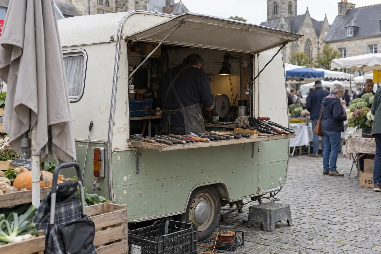 Stéphane Guérard transforme une caravane en atelier roulant : 400 km par semaine pour redonner vie aux couteaux